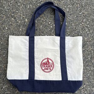 Trader Joe’s Blue/Cream White Heavy Duty Reusable Canvas Eco Tote Bag Large